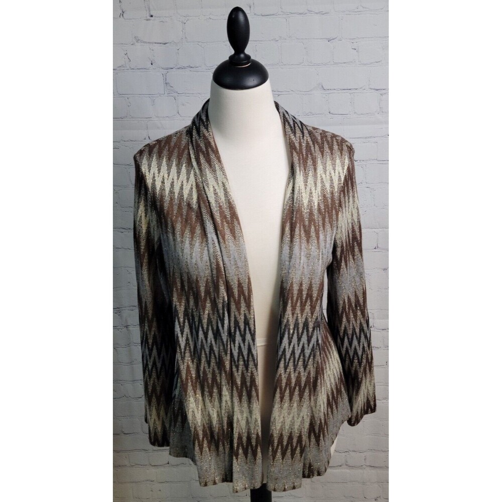 Chico's Open Front Cardigan Sz 1 US Med Metallic Brown Gold Lightweight Chevron